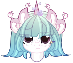 Size: 1170x1012 | Tagged: safe, artist:toffeelavender, oc, oc only, pony, unicorn, base used, bust, eye clipping through hair, female, freckles, frown, horn, mare, multiple ears, simple background, transparent background, unicorn oc