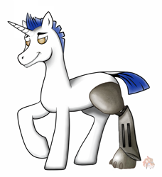 Size: 967x1059 | Tagged: safe, artist:firehearttheinferno, oc, oc only, oc:gale blizzard, pony, unicorn, fallout equestria, amputee, backstory in description, blind, blue mane, blue tail, colored, digital art, golden eyes, horn, male, metal, mohawk, prosthetic leg, prosthetic limb, prosthetics, simple background, smiling, solo, spiky mane, stallion, tail, tall, watermark, white background, white coat, yellow eyes