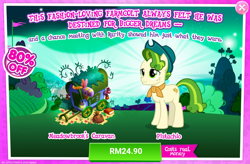 Size: 1034x680 | Tagged: safe, gameloft, pistachio, earth pony, pony, g4, advertisement, costs real money, green, holiday, introduction card, male, saint patrick's day, stallion