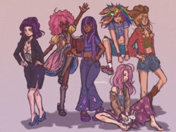 Size: 1080x809 | Tagged: safe, artist:arreila, applejack, fluttershy, pinkie pie, rainbow dash, rarity, twilight sparkle, human, g4, bandaid, barefoot, belt, clothes, dark skin, dress, feet, female, glasses, group, hand, hat, high heels, humanized, jewelry, kneesocks, looking at you, mane six, mary janes, pants, shoes, shorts, simple background, skirt, socks, suit, tank top, waving, wristband