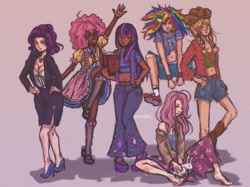 Size: 1080x809 | Tagged: safe, artist:arreila, applejack, fluttershy, pinkie pie, rainbow dash, rarity, twilight sparkle, human, g4, band-aid, barefoot, belt, clothes, dark skin, dress, feet, female, glasses, group, hand, hat, high heels, humanized, jewelry, kneesocks, looking at you, mane six, mary janes, pants, shoes, shorts, simple background, skirt, socks, suit, tank top, waving, wristband