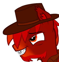 Size: 2100x2200 | Tagged: safe, artist:firehearttheinferno, oc, oc only, oc:lance longmane, pegasus, pony, fallout equestria, fallout equestria: equestria the beautiful, beard, blaze (coat marking), clothes, coat markings, cowboy hat, coy, digital art, ear fluff, ear tufts, facial hair, facial markings, fangs, goatee, grin, hat, high res, jacket, leather jacket, male, messy mane, orange eyes, orange mane, pegasus oc, red mane, sharp teeth, simple background, smiling, smirk, solo, stallion, teeth, transparent background, vest