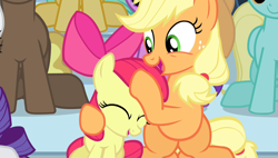 Size: 1266x720 | Tagged: safe, screencap, apple bloom, applejack, sassaflash, sunshower raindrops, earth pony, pony, equestria games (episode), g4, season 4, ^^, adorabloom, apple bloom's bow, bow, cute, duo focus, eyes closed, female, filly, foal, hair bow, jackabetes, mare, noogie, sibling love, sisterly love