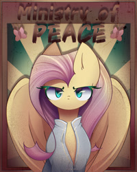 Size: 2000x2500 | Tagged: safe, artist:miryelis, fluttershy, pegasus, pony, fallout equestria, g4, 1984, anti-war, clothes, female, high res, looking at you, mare, ministry mares, ministry of peace, poster, propaganda, solo, text, wings