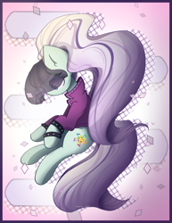 Size: 1850x2400 | Tagged: safe, artist:miryelis, coloratura, earth pony, pony, g4, abstract background, clothes, countess coloratura, flying, full body, hair, long hair, makeup, solo