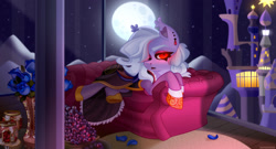 Size: 2560x1379 | Tagged: safe, artist:irinamar, oc, oc only, bat pony, pony, city, couch, moon, solo, window