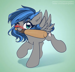 Size: 1000x968 | Tagged: safe, artist:chaosangeldesu, oc, oc only, oc:bibbo, pegasus, pony, baseball bat, blushing, cute, eyebrows, eyebrows visible through hair, female, full body, hooves, mare, mouth hold, one eye closed, pegasus oc, shadow, sketch, smiling, solo, spread wings, two toned mane, wings, wink