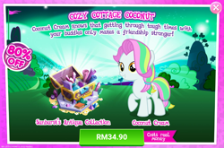 Size: 1038x684 | Tagged: safe, gameloft, coconut cream, earth pony, pony, g4, advertisement, costs real money, female, filly, foal, green, grin, holiday, hooves, introduction card, raised hoof, saint patrick's day, smiling, solo, standing