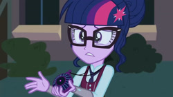 Size: 3410x1920 | Tagged: safe, screencap, sci-twi, twilight sparkle, equestria girls, g4, my little pony equestria girls: friendship games, canterlot high, clothes, crystal prep academy uniform, female, glasses, high res, magic capture device, necktie, school tie, school uniform, schoolgirl, solo