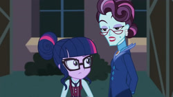 Size: 3410x1920 | Tagged: safe, screencap, principal abacus cinch, sci-twi, twilight sparkle, equestria girls, g4, my little pony equestria girls: friendship games, canterlot high, duo, duo female, female, glasses, high res, unleash the magic
