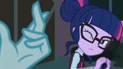 Size: 3410x1920 | Tagged: safe, screencap, principal abacus cinch, sci-twi, twilight sparkle, equestria girls, g4, my little pony equestria girls: friendship games, canterlot high, female, glasses, high res, magic capture device, offscreen character, one eye closed, solo focus, unleash the magic