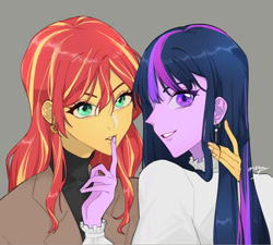 Size: 1000x900 | Tagged: safe, artist:extraluna, sunset shimmer, twilight sparkle, equestria girls, g4, beautiful, clothes, ear piercing, earring, female, finger, jewelry, lesbian, piercing, ship:sunsetsparkle, shipping, simple background