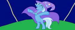 Size: 1280x523 | Tagged: safe, artist:disneyponyfan, trixie, pony, unicorn, g4, ^^, bipedal, cape, clothes, eyes closed, female, full body, hat, hooves, mare, open mouth, open smile, smiling, solo, standing, tail, trixie's cape, trixie's hat, two toned tail