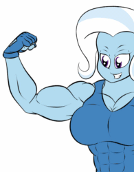 Size: 500x640 | Tagged: safe, artist:matchstickman, editor:dinoknight12, trixie, equestria girls, g4, animated, barely animated, big breasts, breasts, busty trixie, female, flexing, grand and muscular trixie, grin, muscles, muscular female, smiling