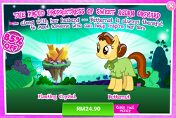 Size: 1023x682 | Tagged: safe, gameloft, butternut, earth pony, pony, g4, advertisement, bags under eyes, costs real money, female, green, holiday, hooves, introduction card, mare, saint patrick's day, smiling, solo, standing