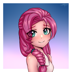 Size: 3000x3000 | Tagged: safe, artist:setharu, sunny starscout, human, g5, anime, blushing, bust, cute, eye clipping through hair, eyebrows, eyebrows visible through hair, female, gradient background, hair over one eye, high res, humanized, looking at you, passepartout, portrait, simple background, smiling, smiling at you, solo, sunnybetes