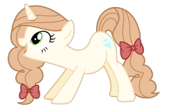 Size: 1185x753 | Tagged: safe, artist:cindystarlight, oc, oc only, oc:ashley shine diamond, pony, unicorn, ass up, bow, female, full body, hair bow, hooves, horn, mare, open mouth, open smile, show accurate, simple background, smiling, solo, standing, tail, tail bow, transparent background, unicorn oc