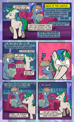 Size: 1920x3169 | Tagged: safe, artist:alexdti, oc, oc only, oc:brainstorm (alexdti), oc:star logic, pony, unicorn, comic:quest for friendship, book, bookshelf, comic, couch, dialogue, ears back, glowing, glowing horn, high res, hoof over mouth, hooves, horn, lidded eyes, looking at someone, magic, male, offscreen character, open mouth, open smile, puffy cheeks, question mark, raised eyebrow, raised hoof, raised leg, shadow, shrunken pupils, sitting, smiling, speech bubble, stallion, sweat, sweatdrops, sweating profusely, tail, telekinesis, twilight's castle, two toned mane, two toned tail, unicorn oc