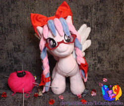 Size: 2691x2304 | Tagged: safe, artist:1stastrastudio, oc, oc only, oc:cherry blossom, pegasus, pony, bow, braid, female, glasses, hair bow, high res, irl, mare, photo, plushie, solo