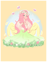 Size: 1900x2500 | Tagged: safe, artist:infamousrebel, fluttershy, butterfly, human, pegasus, g4, blushing, clothes, cottagecore, cute, dress, eye clipping through hair, eyebrows, feather, floral head wreath, flower, flower in hair, gloves, grass, humanized, makeup, pastel, pegasus wings, pink hair, puffy sleeves, shy, simple background, sketch, solo, wings, yellow background
