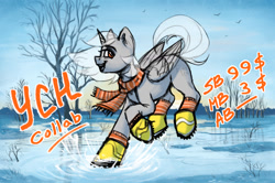 Size: 1288x853 | Tagged: safe, artist:amishy, artist:eltaile, pony, advertisement, clothes, collaboration, commission, outdoors, puddle, scarf, snow, solo, spring, striped scarf, your character here