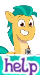 Size: 500x927 | Tagged: safe, hitch trailblazer, earth pony, pony, g5, my little pony: tell your tale, spoiler:g5, spoiler:my little pony: tell your tale, bean mouth, caption, crying inside, expand dong, exploitable meme, help, image macro, meme, pain, sad hitch, simple background, solo, white background