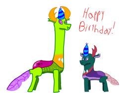 Size: 2048x1536 | Tagged: safe, artist:mlphero, pharynx, thorax, changedling, changeling, g4, birthday, duo, gift art, king thorax, long neck, necc, prince pharynx, simple background, white background