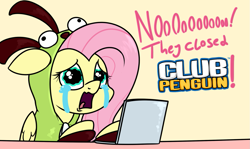 Size: 1189x707 | Tagged: safe, artist:moonatik, fluttershy, pegasus, pony, antonymph, cutiemarks (and the things that bind us), g4, clothes, club penguin, computer, crying, female, fluttgirshy, gir, hoodie, invader zim, laptop computer, mare, solo, vylet pony