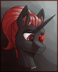 Size: 2000x2500 | Tagged: safe, artist:stardustspix, oc, oc only, oc:protege, pony, unicorn, fallout equestria, fallout equestria: murky number seven, bust, ear fluff, fanfic art, high res, horn, male, ponytail, red and black oc, solo, stallion