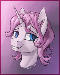 Size: 2000x2500 | Tagged: safe, artist:stardustspix, oc, oc only, oc:glimmerlight, pony, unicorn, fallout equestria, fallout equestria: murky number seven, bust, ear fluff, fanfic art, female, high res, horn, mare, smiling, solo