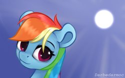 Size: 4096x2548 | Tagged: safe, artist:darbedarmoc, rainbow dash, pegasus, pony, g4, day, female, looking at you, mare, multicolored hair, rainbow hair, solo, sun