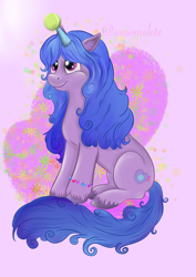Size: 2894x4093 | Tagged: safe, artist:uniomelete, izzy moonbow, pony, unicorn, g5, my little pony: a new generation, abstract background, ball, bracelet, cute, ear fluff, female, horn, hornball, izzy's tennis ball, izzybetes, jewelry, mare, smiling, solo, tennis ball, unshorn fetlocks