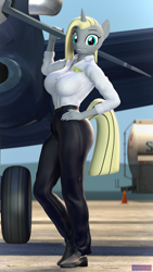 Size: 2160x3840 | Tagged: safe, artist:antonsfms, oc, oc only, oc:dejavecu, unicorn, anthro, plantigrade anthro, 3d, aircraft, airport, aviation, birthday, breasts, clothes, crew, dress, embraer, fancy, formal attire, hand on hip, high res, horn, makeup, not derpy, outdoors, pilot, plane, propeller, solo, source filmmaker, stockings, thigh highs, traffic cone, unicorn oc, uniform, wheel
