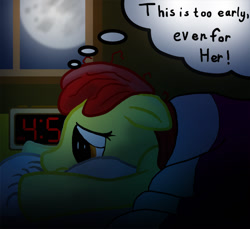 Size: 800x733 | Tagged: safe, artist:metalponyfan, apple bloom, earth pony, pony, g4, bed, clock, digital clock, early, in bed, moon, solo, thought bubble, waking up, window
