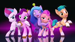 Size: 3840x2160 | Tagged: safe, artist:owlpirate, hitch trailblazer, izzy moonbow, pipp petals, sunny starscout, zipp storm, earth pony, pegasus, pony, unicorn, g4, g5, 3d, ball, female, g5 to g4, high res, hug, izzy's tennis ball, looking at you, male, mane five, mare, open mouth, open smile, phone, raised hoof, rearing, smiling, smiling at you, source filmmaker, stallion, tennis ball