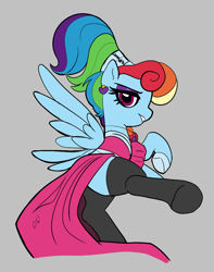 Size: 730x928 | Tagged: artist needed, safe, rainbow dash, pegasus, pony, g4, aggie.io, alternate hairstyle, clothes, dress, female, frown, gray background, looking back, mare, megaradash, raised hoof, simple background, socks, solo, spread wings, wings