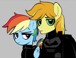 Size: 663x509 | Tagged: safe, artist:_ton618_, braeburn, rainbow dash, earth pony, pegasus, pony, g4, aggie.io, batman, clothes, costume, duo, female, folded wings, gray background, lidded eyes, male, mare, simple background, smiling, stallion, the batman, the batman (2022), wings