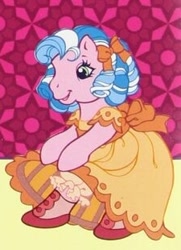 Size: 225x310 | Tagged: safe, artist:lyn fletcher, cotton candy (g3), earth pony, pony, g3, my little pony live: the world's biggest tea party, official, bipedal, bloomers, bow, clothed ponies, clothes, cotton candy, curly hair, dress, hair bow, not cozy glow, orange dress, pattern, ringlets, shoes, short hair, skirt, skirt lift, solo, victorian dress