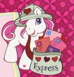 Size: 246x255 | Tagged: safe, artist:lyn fletcher, strawberry swirl, earth pony, pony, g3, my little pony live: the world's biggest tea party, official, delivery pony, hat, heart, hoof heart, letter, mail, mailbag, mailmare, mailpony, pattern, purple eyes, solo, white coat