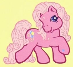 Size: 260x240 | Tagged: safe, pinkie pie (g3), earth pony, pony, g3, my little pony live: the world's biggest tea party, official, curly hair, curly mane, pink coat, pink hair, pose, raised hoof, simple, simple background, solo, yellow background