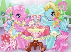 Size: 493x362 | Tagged: safe, artist:lyn fletcher, pinkie pie (g3), thistle whistle, bird, earth pony, pegasus, pony, g3, official, balcony, blushing, chair, clothed ponies, clothes, cropped, cup, cute, dress, duo, duo female, fancy, female, food, g3betes, hat, holding, napkin, railing, sitting, table, tea, tea party, teacup