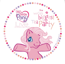 Size: 497x492 | Tagged: safe, pinkie pie (g3), earth pony, pony, g3, my little pony live, my little pony live: the world's biggest tea party, official, bipedal, circle, half body, logo, pose, simple background, solo, text, transparent background, vector, waving