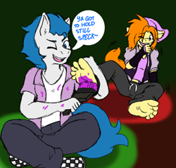 Size: 2136x2040 | Tagged: safe, artist:specklebrush, oc, oc only, oc:dreamy daze, oc:speckle brush, anthro, plantigrade anthro, ass, butt, feet, fetish, foot fetish, foot tickling, high res, male, male feet, paint, paintbrush, painting, tickling