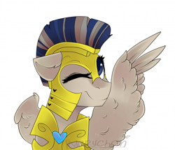Size: 700x603 | Tagged: safe, artist:ijustmari, oc, oc only, oc:updraft, pegasus, pony, armor, female, floppy ears, guardsmare, looking at you, mare, one eye closed, pegasus oc, royal guard, royal guard armor, simple background, smiling, smiling at you, solo, white background, wink, winking at you