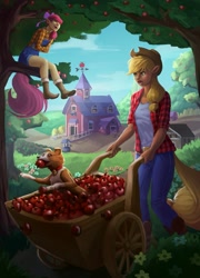 Size: 1225x1701 | Tagged: safe, artist:victormodaa, apple bloom, applejack, winona, human, g4, apple, apple in mouth, apple tree, elf ears, food, humanized, sweet apple acres, sweet apple acres barn, tail, tailed humanization, tree, tree branch, uncanny valley