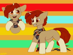 Size: 2048x1560 | Tagged: safe, artist:avery-valentine, oc, oc only, oc:avery_v, pony, unicorn, abstract background, clothes, coat markings, cute, eye clipping through hair, grin, horn, male, ocbetes, open mouth, open smile, orange eyes, red hair, reference sheet, scarf, signature, smiling, socks (coat markings), solo, stallion, standing, unicorn oc