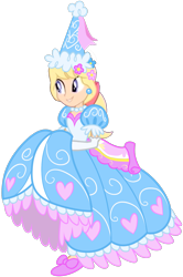 Size: 1037x1566 | Tagged: safe, artist:boogeyboy1, artist:trinityinyang, megan williams, equestria girls, g4, look before you sleep, clothes, dress, dress up, female, froufrou glittery lacy outfit, gloves, gown, happy, hennin, long gloves, long hair, looking at someone, looking at something, princess, simple background, skirt, skirt lift, smiling, solo, tied hair, transparent background, walking
