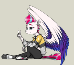 Size: 1168x1027 | Tagged: safe, artist:sinrar, zipp storm, pegasus, anthro, unguligrade anthro, g5, clothes, female, hoof shoes, jacket, leggings, peace sign, shoes, signature, simple background, sitting, smiling, solo, sports bra