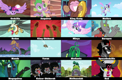 Size: 1280x840 | Tagged: safe, edit, edited screencap, screencap, cerberus (character), king sombra, lord tirek, mane-iac, pinkie pie, princess flurry heart, queen chrysalis, rarity, rover, spike, steven magnet, twilight sparkle, alicorn, bird, centaur, cerberus, changeling, changeling queen, diamond dog, dragon, earth pony, flying squirrel, hydra, pony, roc, sea serpent, squirrel, tortoise, turtle, unicorn, taur, a dog and pony show, between dark and dawn, bridle gossip, feeling pinkie keen, friendship is magic, may the best pet win, molt down, power ponies (episode), school raze, season 1, season 2, season 4, season 6, season 8, season 9, sonic rainboom (episode), the beginning of the end, the crystalling, to where and back again, twilight's kingdom, spoiler:s08, spoiler:s09, anguirus, apple, apple tree, artificial wings, augmented, baby, baby dragon, baby pony, baragon, biollante, butterfly wings, cage, caption, changeling hive, cloud, cocoon, creepypasta, cymbal monkey, cymbals, evil grin, female, filly, flying, foal, giant tortoise, glimmer wings, godzilla, godzilla (series), golden oaks library, gossamer wings, grin, kaizer ghidorah, king ghidorah, king kong, magic, magic wings, male, manda, mare, maretropolis, megaguirus, meme, methuselah, minilla, minya, monkey costume, monsterverse, mothra, multiple heads, musical instrument, nes godzilla creepypasta, portrayed by ponies, red, river, rodan, sky, slasher smile, smiling, spacegodzilla, super saiyan princess, sweet apple acres, tartarus, text, three heads, toho, tree, twilight sparkle (alicorn), twilight vs tirek, varan, wall of tags, water, wings