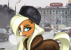 Size: 4961x3508 | Tagged: safe, artist:ostarbito, oc, oc only, unnamed oc, earth pony, pony, 80s, absurd resolution, blonde hair, blue eyes, blushing, car, clothes, cold, earth pony oc, female, frown, fur coat, hat, mare, open mouth, orange fur, parody, russia, signature, snow, solo, speech bubble, street, talking, winter, winter outfit